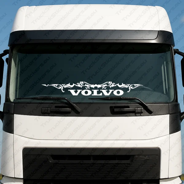 White Volvo Truck Windshield Sticker, Text Logo with Abstract Graphics