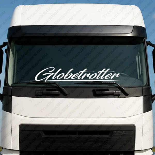 White Volvo Truck Windshield Sticker, Globetrotter Handwritten Style
