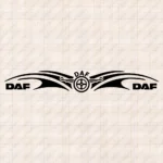 Closeup of Daf Truck Windshield Sticker, Text and Classic Logo with Graphics