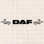 Closeup of Daf Truck Windshield Sticker, Text Bold Logo with Flourish Graphics