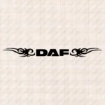 Closeup of Daf Truck Windshield Sticker, Text Bold Logo with Tribal Graphics
