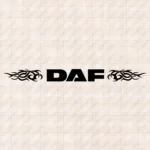 Closeup of Daf Truck Windshield Sticker, Bold Text Logo with Modern Tribal Graphics