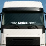 White Daf Truck Windshield Sticker, Bold Text Logo with Modern Tribal Graphics