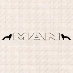 Closeup of Man Truck Windshield Sticker, Text Logo Outline with Lions