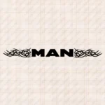 Closeup of Man Truck Windshield Sticker, Bold Text Logo with Tribal Graphics