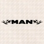 Closeup of Man Truck Windshield Sticker, Classic Big Text Logo with Tribal Graphics