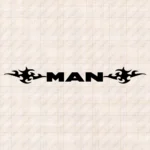 Closeup of Man Truck Windshield Sticker, Classic Text Logo with Tribal Graphics