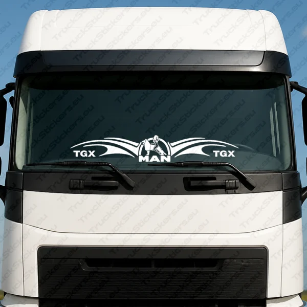 White Man Truck Windshield Sticker, Classic Text Logo with TGX and a Woman on a Lion