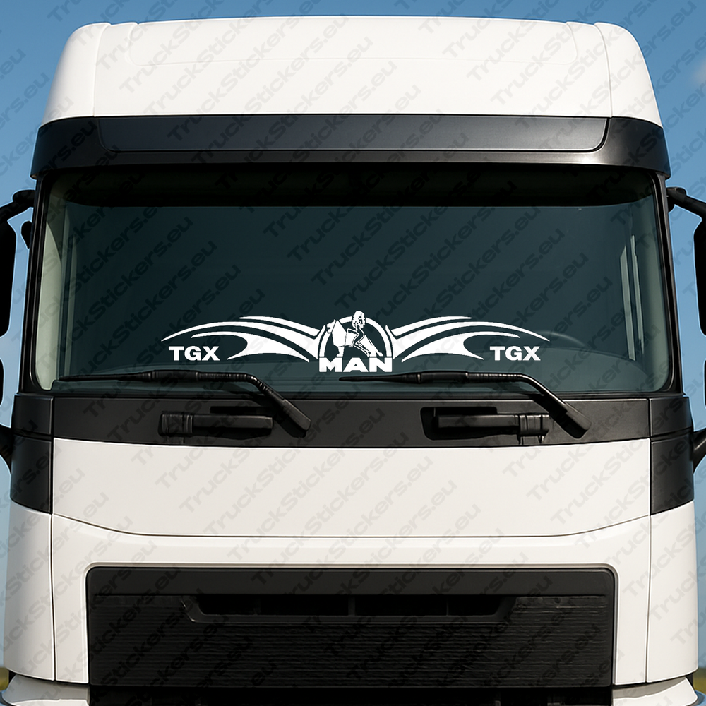 windshield-sticker-for-trucks-90661-1-white White Man Truck Windshield Sticker, Classic Text Logo with TGX and a Woman on a Lion
