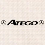 Closeup of Mercedes Truck Windshield Sticker, Atego with Classic Logos