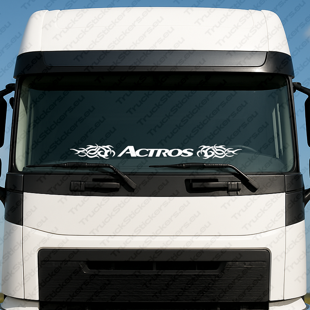 windshield-sticker-for-trucks-90707-1-white White Mercedes Truck Windshield Sticker, Actros with Tribal Graphics