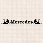 Closeup of Mercedes Truck Windshield Sticker, Classic Text Logo with Women Holding a Trident