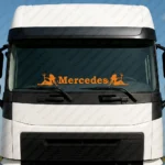 Orange Mercedes Truck Windshield Sticker, Classic Text Logo with Women Holding a Trident