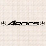 Closeup of Mercedes Truck Windshield Sticker, Arocs Bold with Classic Logos