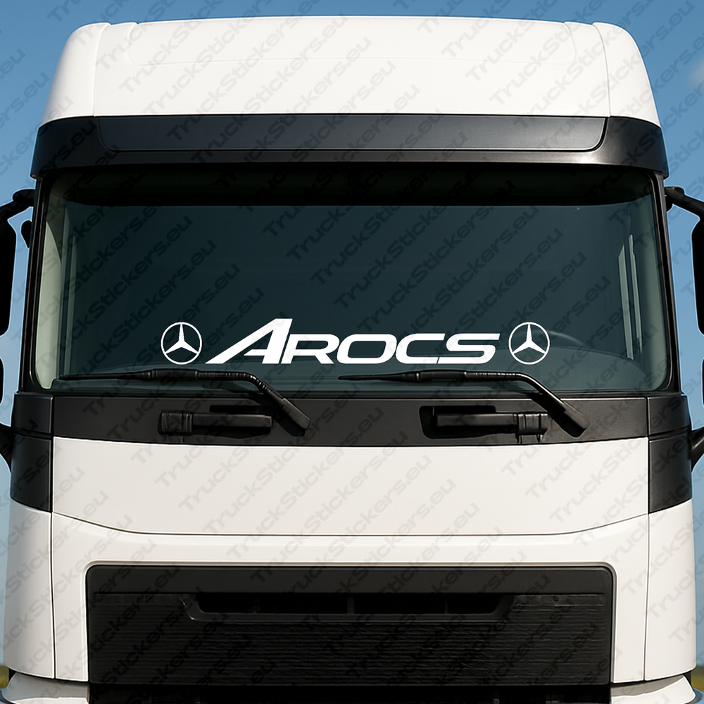 windshield-sticker-for-trucks-90734-1-white White Mercedes Truck Windshield Sticker, Arocs Bold with Classic Logos