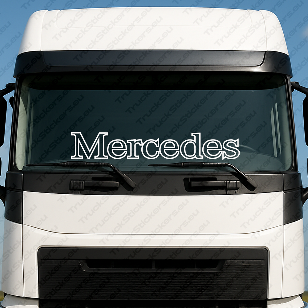 windshield-sticker-for-trucks-90774-1-white White Mercedes Truck Windshield Sticker, Text Logo Outline