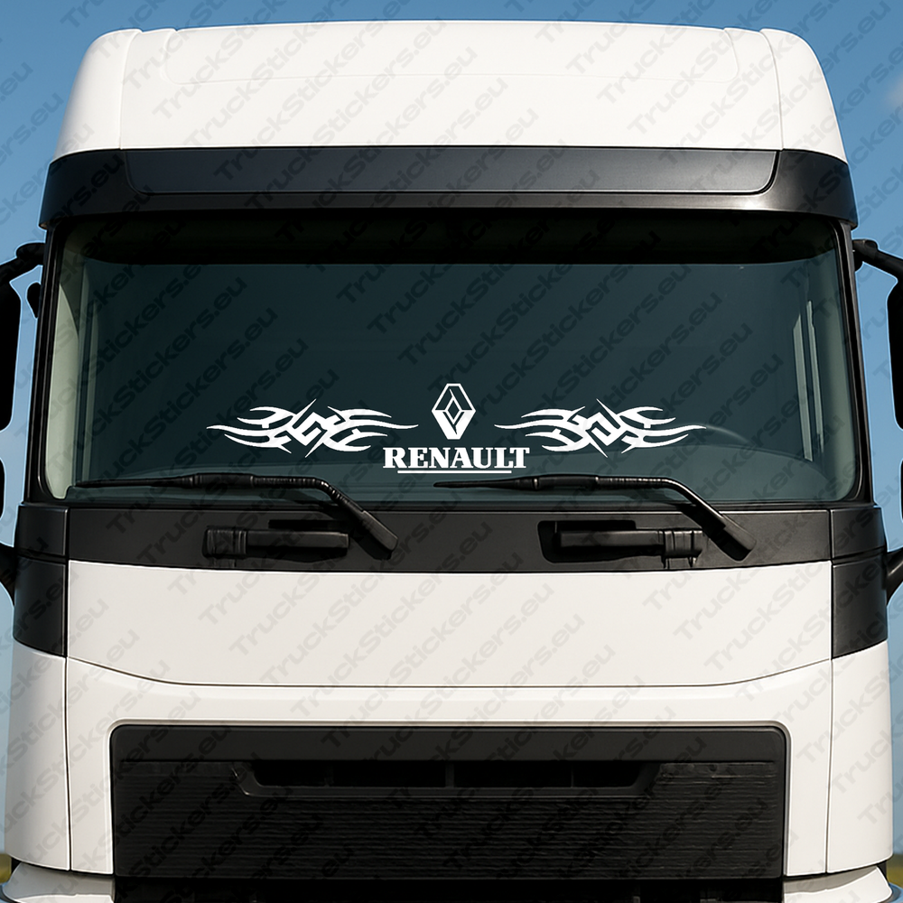 windshield-sticker-for-trucks-90796-1-white White Renault Truck Windshield Sticker, Classic Logo with Text and Tribal Graphics