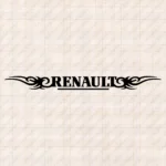 Closeup of Renault Truck Windshield Sticker, Bold Capital Text Logo with Tribal Graphics