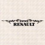 Closeup of Renault Truck Windshield Sticker, Bold Capital Text Logo with Tribal Graphics on Top